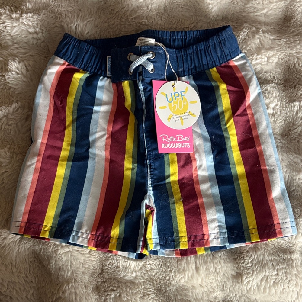 RuggedButts Kids Striped Swim Trunks - Blue, Red, Yellow